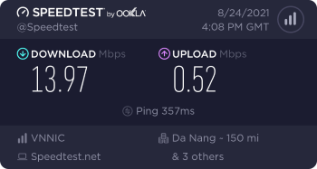 Speedtest.net result. Ping/Download/Upload: 357/13.97/0.52