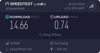 Speedtest.net result. Ping/Download/Upload: 213/14.66/0.74