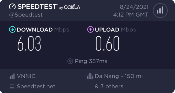 Speedtest.net result. Ping/Download/Upload: 357/6.03/0.60