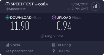 Speedtest.net result. Ping/Download/Upload: 213/11.90/0.94