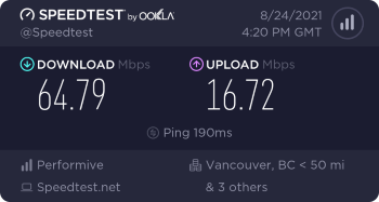 Speedtest.net result. Ping/Download/Upload: 190/64.79/16.72