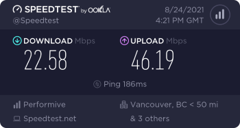 Speedtest.net result. Ping/Download/Upload: 186/22.58/46.19