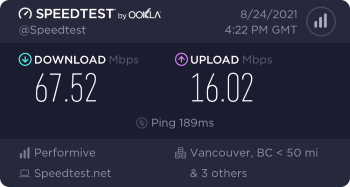 Speedtest.net result. Ping/Download/Upload: 189/67.52/16.02