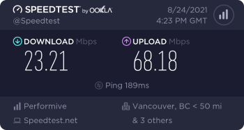 Speedtest.net result. Ping/Download/Upload: 189/23.21/68.18