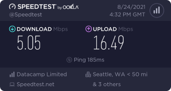 Speedtest.net result. Ping/Download/Upload: 185/5.05/16.49