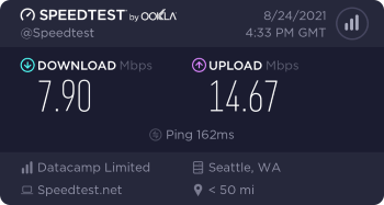 Speedtest.net result. Ping/Download/Upload: 162/7.90/14.67