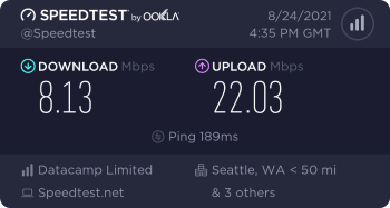 Speedtest.net result. Ping/Download/Upload: 189/8.13/22.03