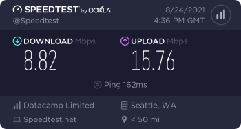 Speedtest.net result. Ping/Download/Upload: 162/8.82/15.76