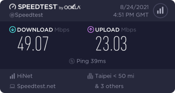 Speedtest.net result. Ping/Download/Upload: 39/49.07/23.03