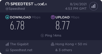 Speedtest.net result. Ping/Download/Upload: 14/6.78/8.77