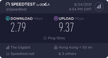 Speedtest.net result. Ping/Download/Upload: 15/2.79/9.37