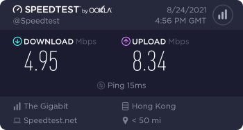 Speedtest.net result. Ping/Download/Upload: 15/4.95/8.34