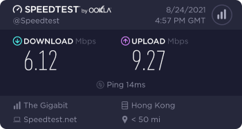 Speedtest.net result. Ping/Download/Upload: 14/6.12/9.27