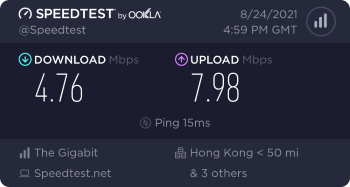 Speedtest.net result. Ping/Download/Upload: 15/4.76/7.98