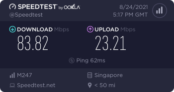 Speedtest.net result. Ping/Download/Upload: 62/83.82/23.21