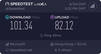 Speedtest.net result. Ping/Download/Upload: 45/101.34/82