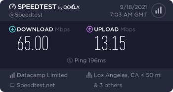 Ping/Download/Upload: 196ms/65/13.15