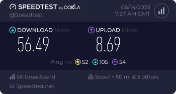 Speedtest.net result. Ping/Download/Upload: 52/56.49/8.69