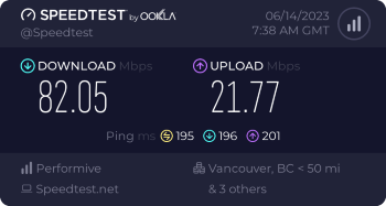Speedtest.net result. Ping/Download/Upload: 195/82.05/21.77