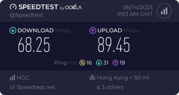 Speedtest.net result. Ping/Download/Upload: 16/68.25/89.45