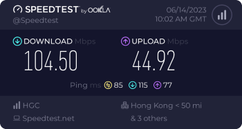 Speedtest.net result. Ping/Download/Upload: 85/104.50/44.92