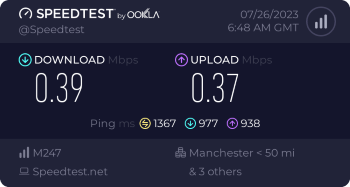 Speedtest.net result. Ping/Download/Upload: 1367/0.39/0.37
