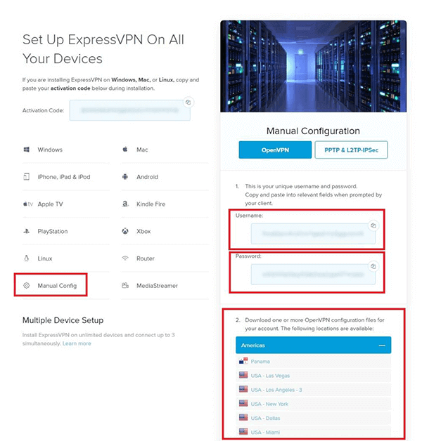 Screenshot of the ExpressVPN website showing where to download the manual .ovpn config files.