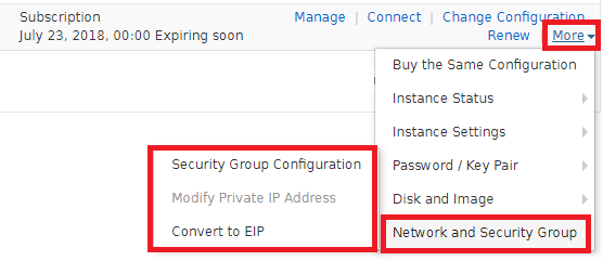 Screenshot of Alibaba Cloud ECS control panel change IP option