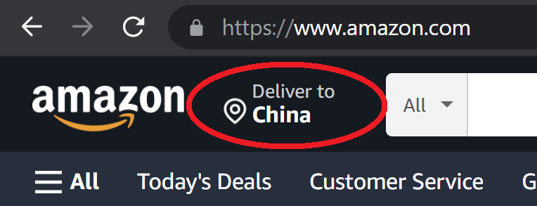 Screenshot showing China selected as the Deliver to region on the US Amazon website.