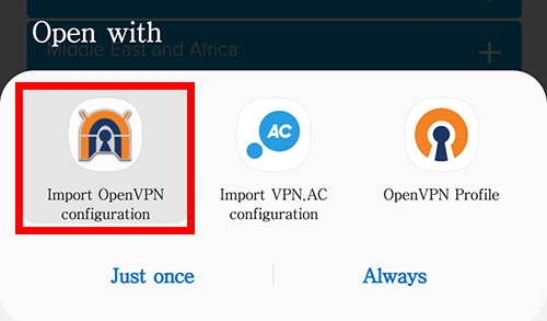Android screenshot showing prompt of which app to use to Import OpenVPN configuration