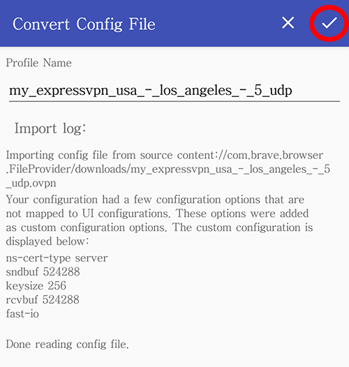 Screenshot of OpenVPN Android file config import.