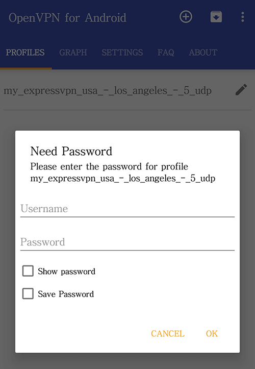 Screenshot of username and password prompt on OpenVPN Android app.