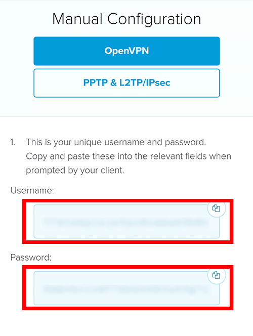 Screenshot showing ExpressVPN username and password area.