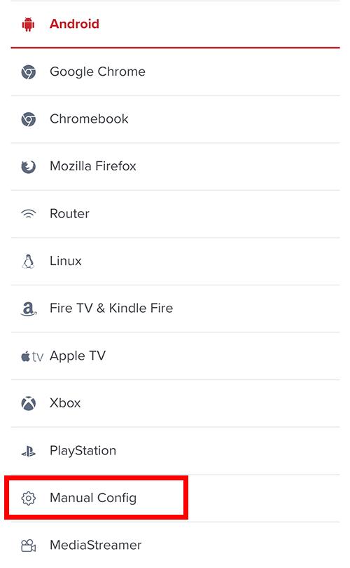 Screenshot showing ExpressVPN Android setup Manual Config selection.