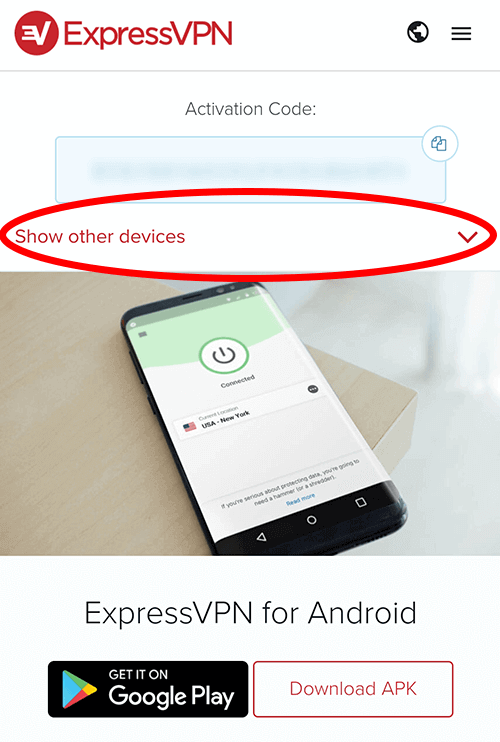 Screenshot of ExpressVPN Show Other Devices selection.