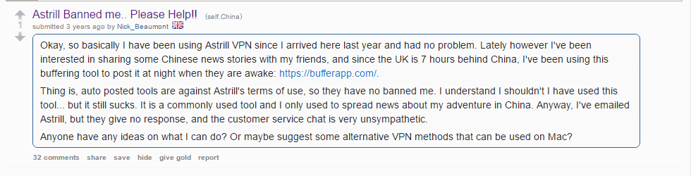 Astrill user banned complaining on Reddit about account getting banned.