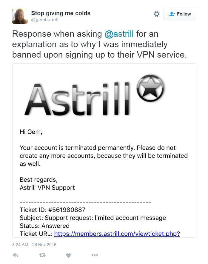 Unhappy Astrill customer complaining on Twitter.