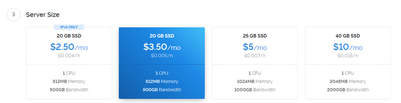 Vultr server size selection section