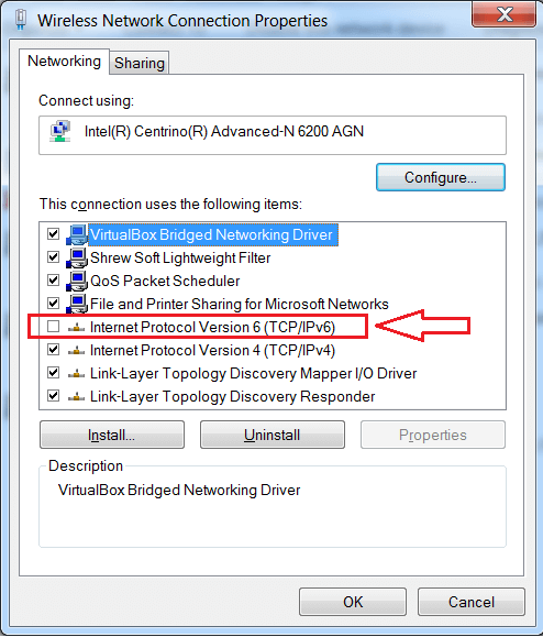 Windows 7 networks adapter settings screen to disable ipv6