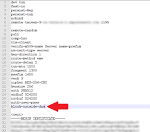Screenshot showing edited config file for windows 10 by adding block-outside-dns