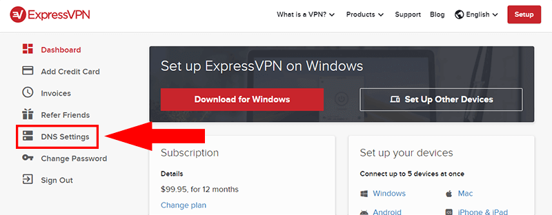 Screenshot of ExpressVPN website dashboard showing where to click for DNS settings.