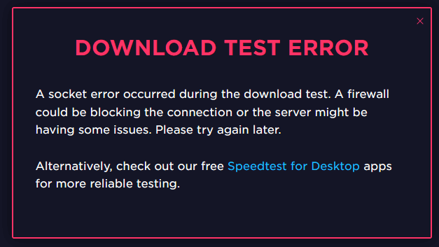 speedtest.net download test error message