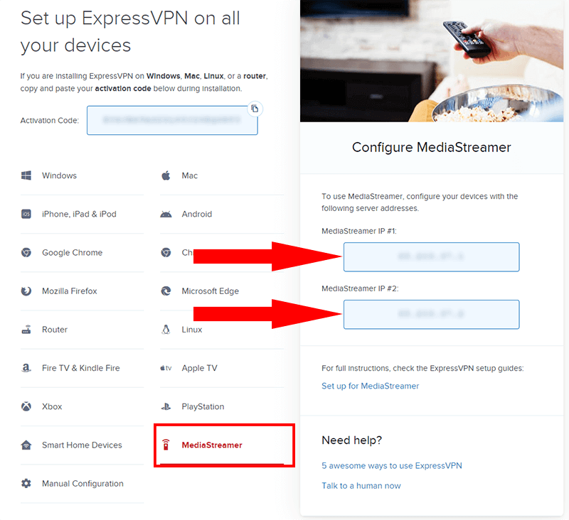 ExpressVPN dashboard MediaStreamer setup page with DNS ip address to copy.