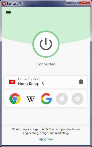 Screenshot of ExpressVPN Windows app connected to the Hong Kong 3 server.