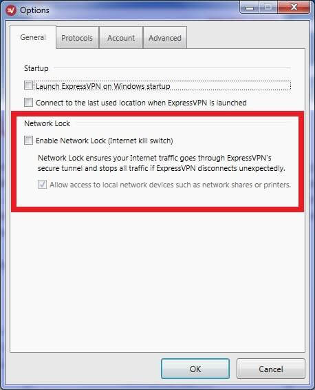 Screenshot showing ExpressVPN network lock kill switch disabled