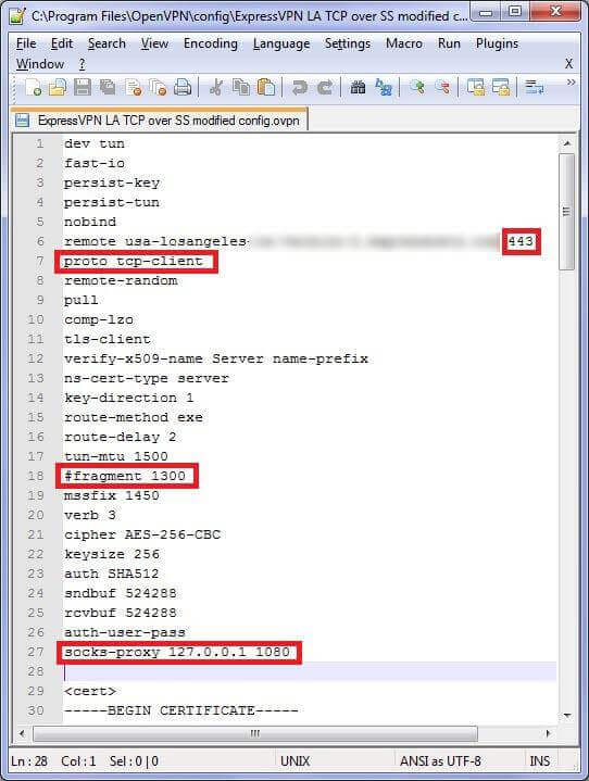 Example of properly modified ExpressVPN config file for TCP and Shadowsocks proxy.