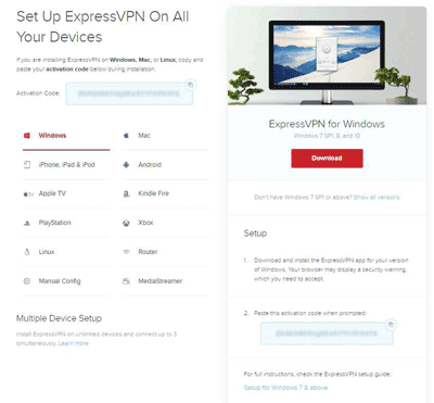 Screenshot of ExpressVPN setup screen after payment.