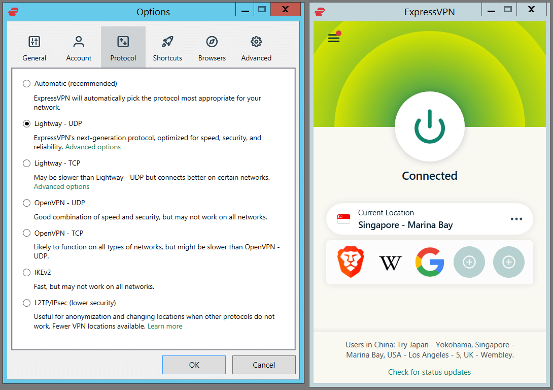 Screenshot of the ExpressVPN Windows app connected to Singapore Marina Bay via Lightway protocol.