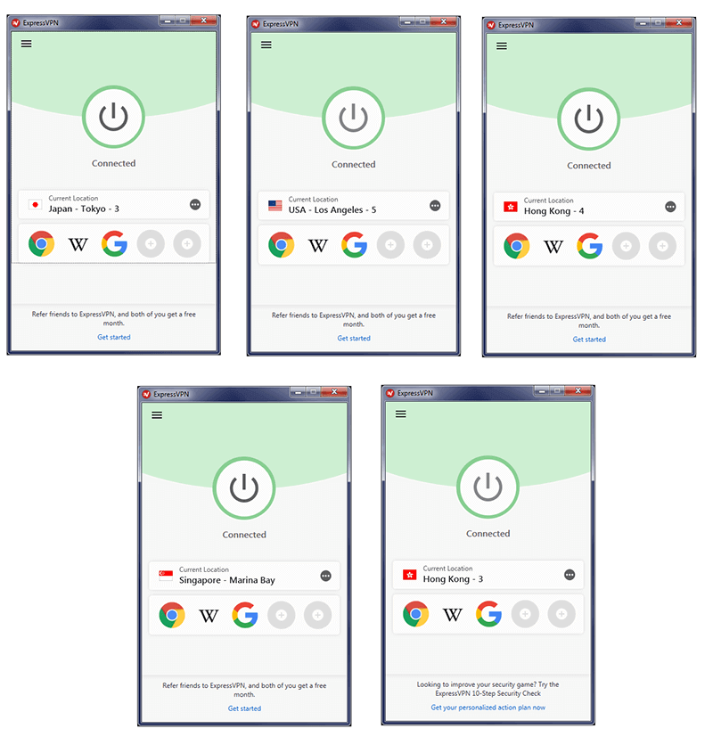 ExpressVPN successful connection to 5 different servers.