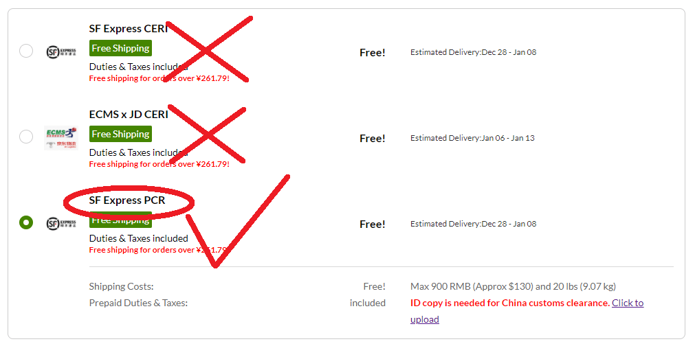 iHerb shipping options - SF Express CERI, ECMS x JD CERI, and SF Express PCR